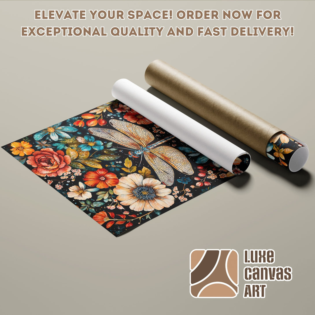 Poster Roll featuring a floral and dragonfly design, vibrant colors on a dark background. Elevate your space with this stunning art.
