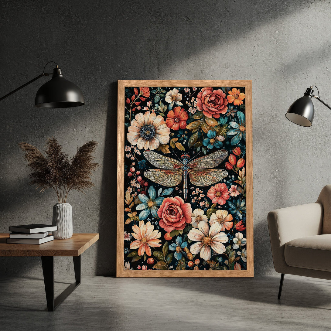 Framed Poster featuring a dragonfly amidst vibrant floral art. Watercolor style with a dark background and warm, earthy tones. Perfect wall decor!