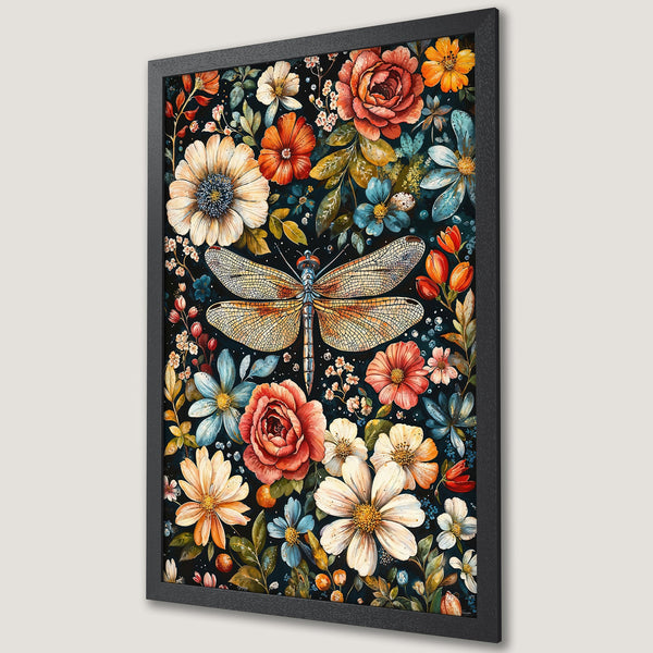 Framed Poster featuring a dragonfly & floral design. Watercolor style with a vibrant, warm color palette. Perfect wall art!