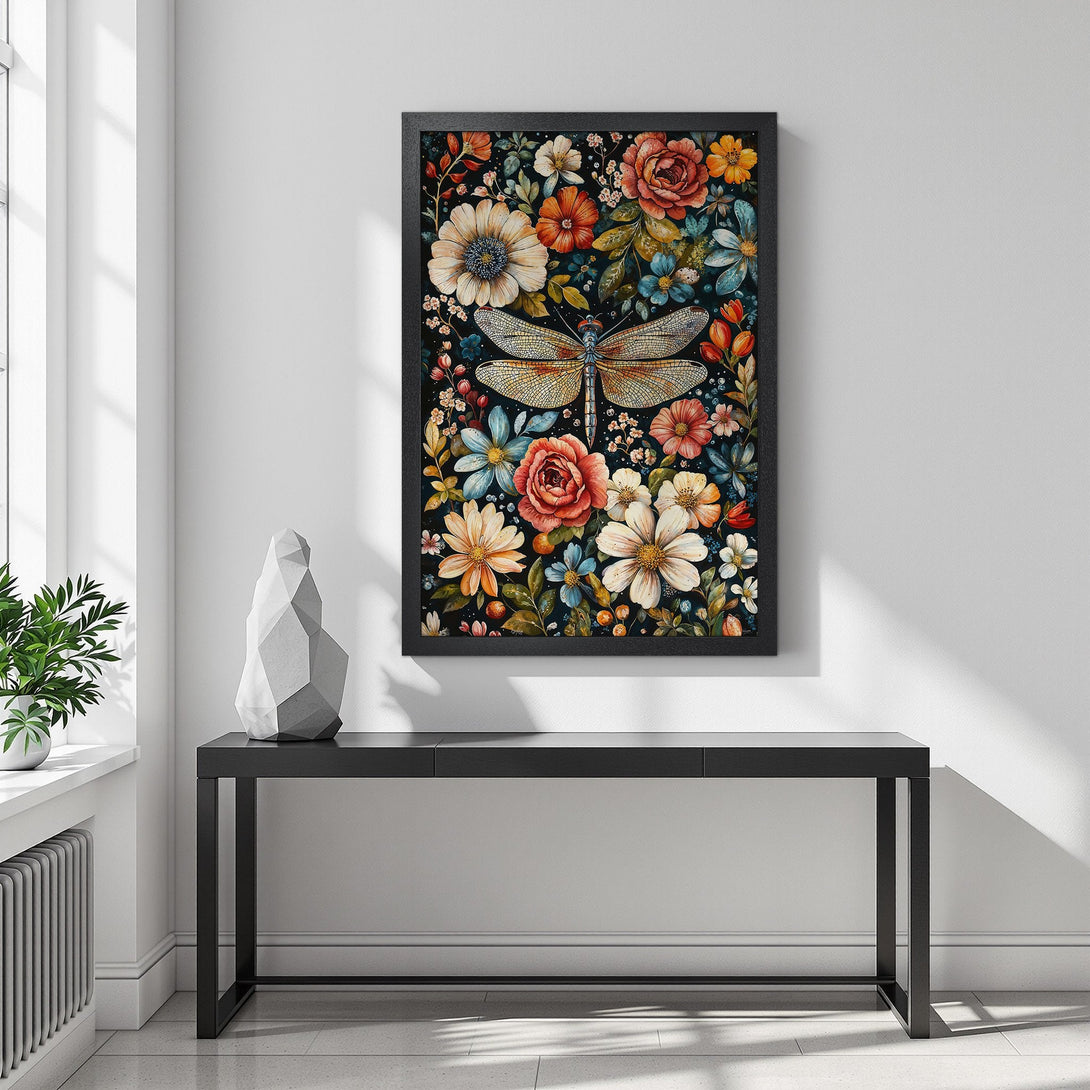 Framed Poster featuring a dragonfly and floral design. Watercolor style with a vibrant color palette of blues, oranges, and greens. Perfect wall art!