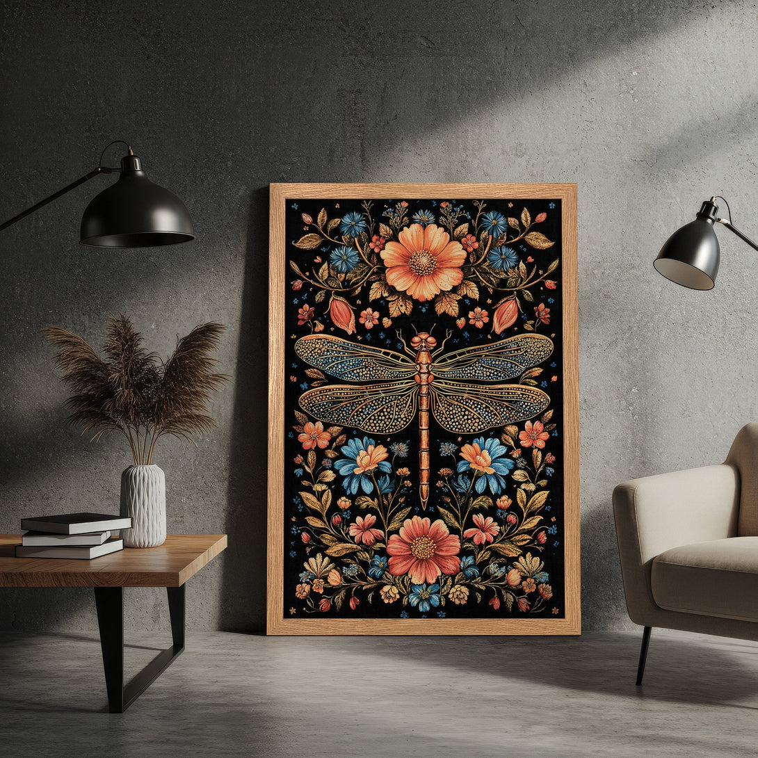 Framed Poster featuring a dragonfly and floral design, vintage style, with a warm color palette of orange, blue, and gold.