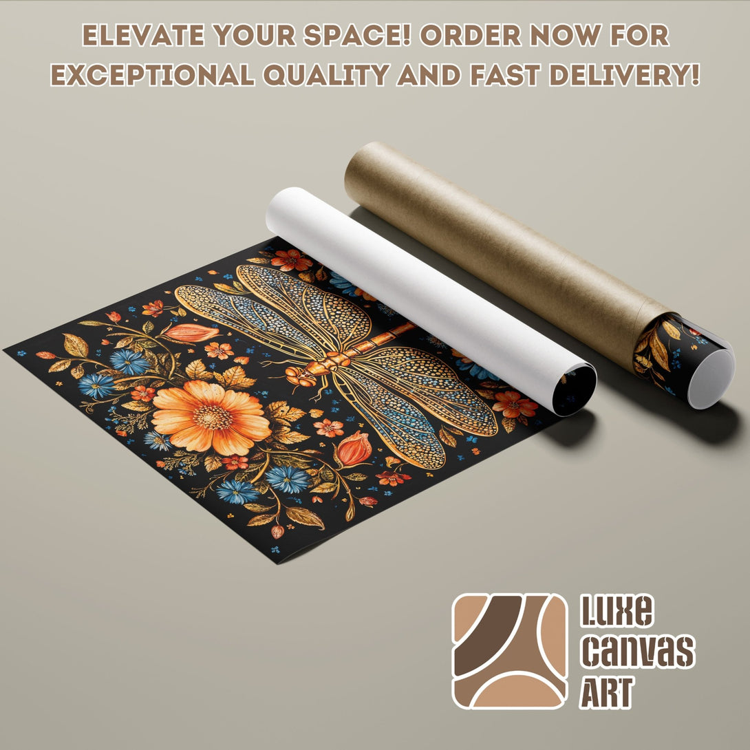 Poster Roll featuring a floral dragonfly design. Artistic style with a black, orange, and blue color palette. Elevate your space!