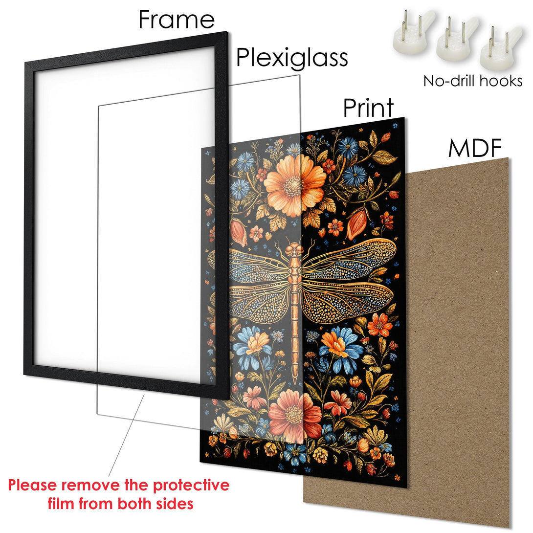 Framed Poster featuring a dragonfly and floral design in a vibrant, warm color palette. Perfect art for your home!