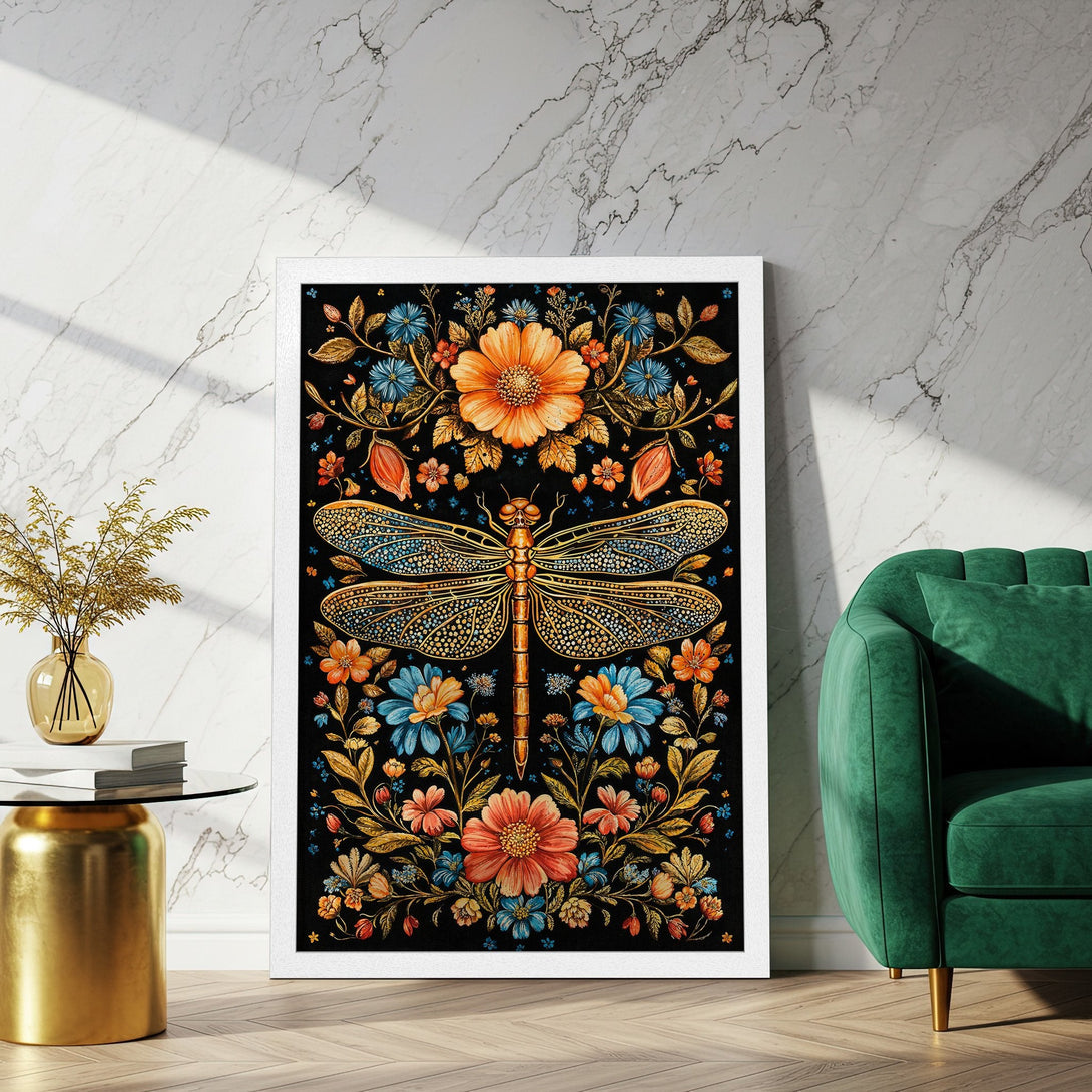 Framed Poster featuring a dragonfly and floral design. Vintage style with a rich black, orange, blue, and gold color palette. Perfect wall art.
