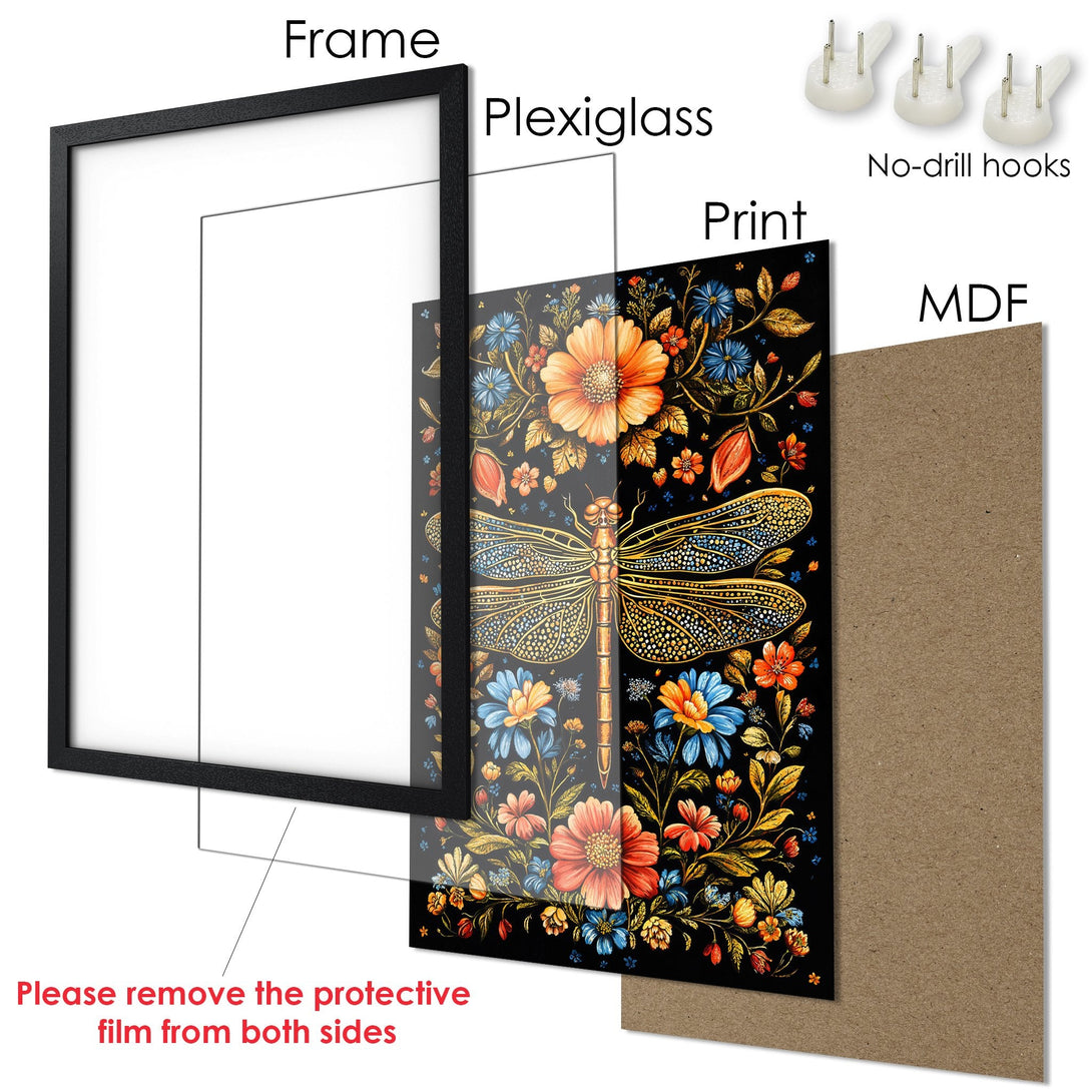 Framed Poster featuring a dragonfly and floral design, vibrant colors on black background. Ready to hang!