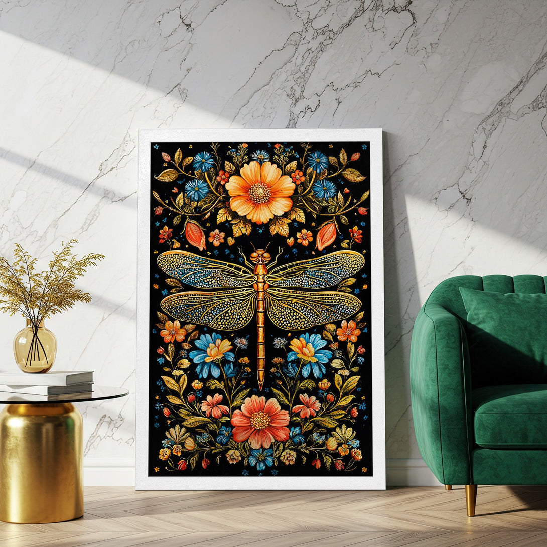 Framed Poster featuring a dragonfly and floral design. Vibrant colors on a black background. Perfect wall art for any room.