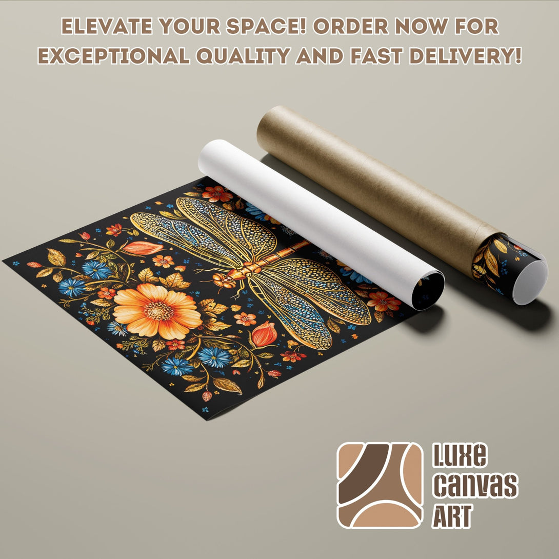 Poster Roll featuring a floral dragonfly design. Artistic style with a dark background and warm color palette. Elevate your decor!