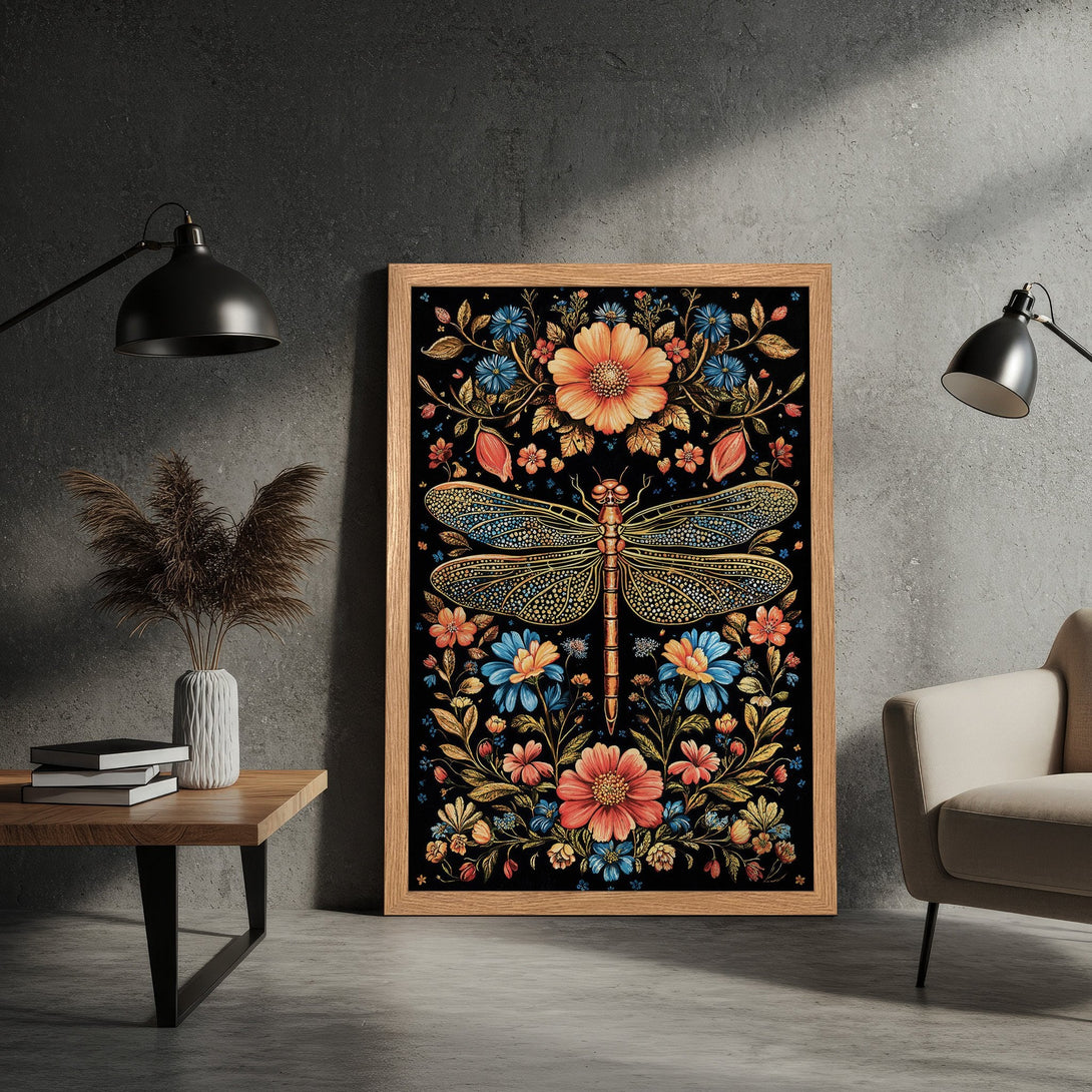Framed Poster featuring a dragonfly and floral design. Vintage style with a black background and a warm color palette. Add art to your home!
