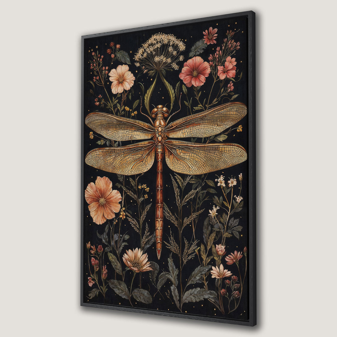 Framed Wall Art featuring a dragonfly and floral design in warm earth tones against a dark background. Perfect for adding a touch of nature-inspired elegance.