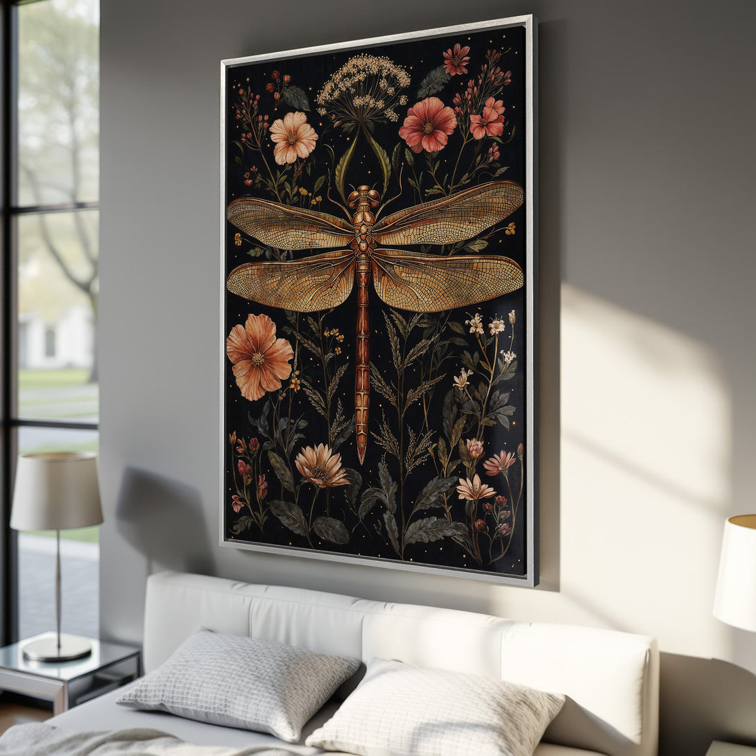 Framed Wall Art featuring a dragonfly and floral illustration in warm orange and black tones. Perfect for adding a touch of nature-inspired elegance to any room.