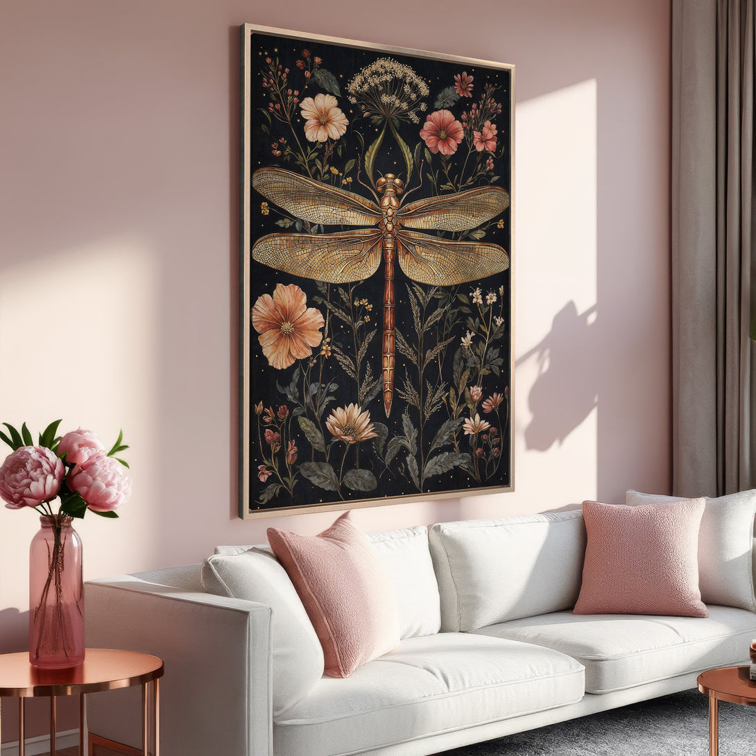 Framed Wall Art featuring a detailed dragonfly and floral design. Warm, earthy tones on a dark background. Perfect for adding a touch of elegance to your space.