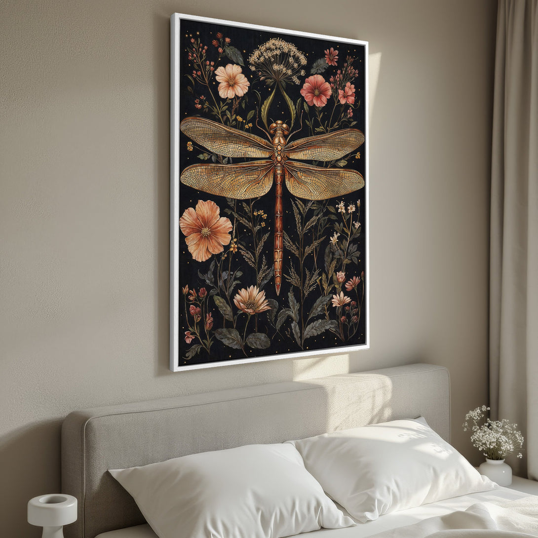 Framed Wall Art: Elegant dragonfly & floral print in warm tones. Perfect for bedroom decor. Add a touch of nature with this stunning canvas print.