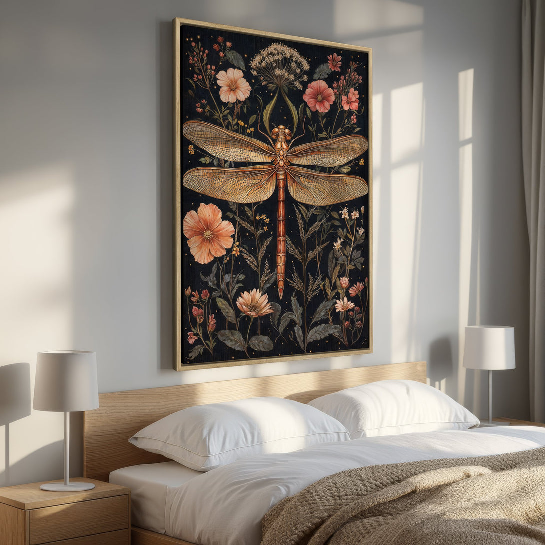 Framed Wall Art featuring a dragonfly and floral design in warm tones. Perfect for adding a touch of nature-inspired elegance to your bedroom decor.