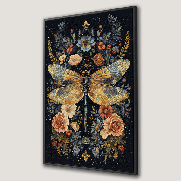 Framed Wall Art: Watercolor dragonfly with floral design in warm orange, blue, and gold tones on a dark background. Perfect for adding a touch of nature to your decor.