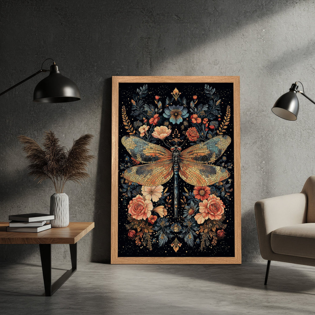 Framed Poster featuring a dragonfly and floral design. Dark, vintage style with a warm color palette. Perfect wall art!