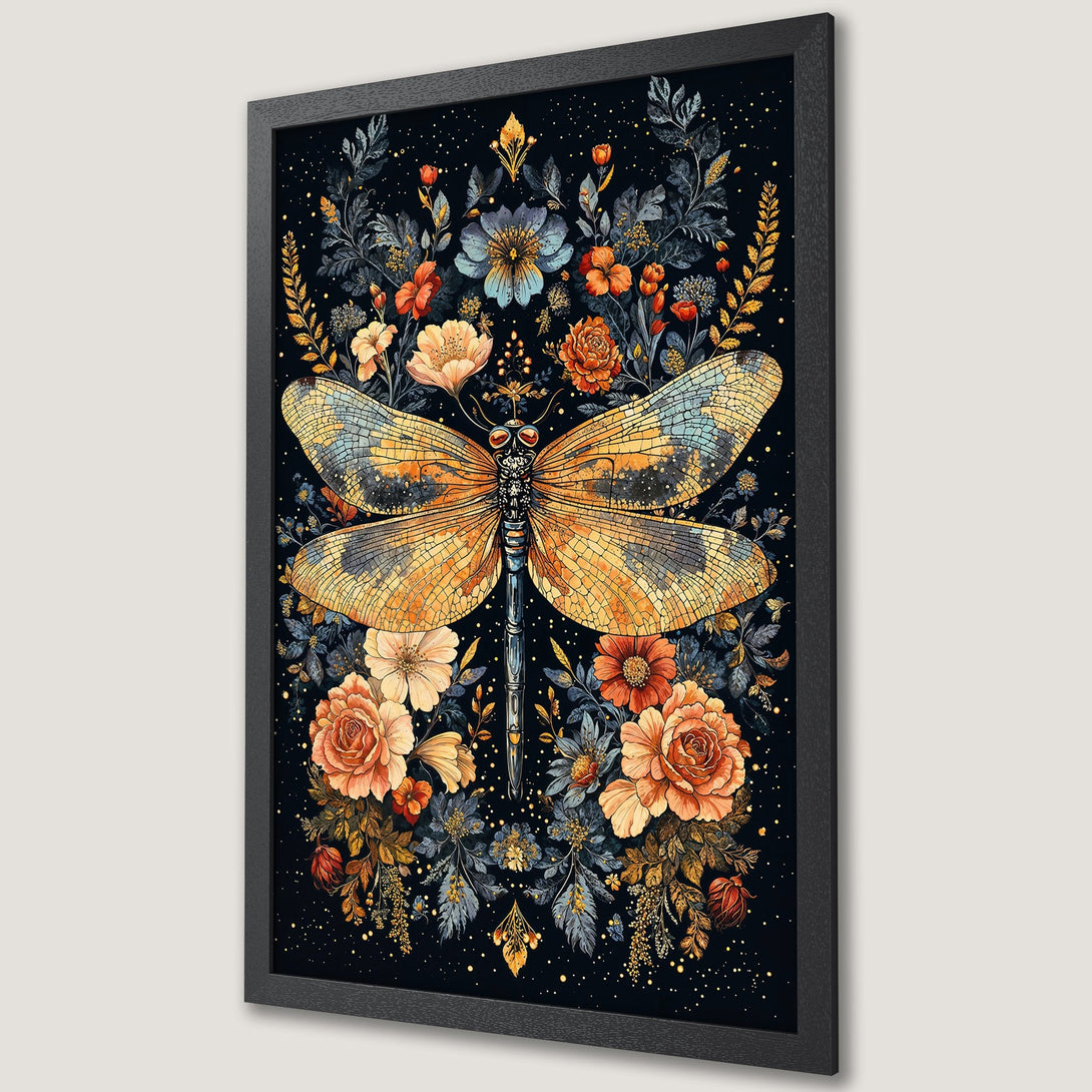 Framed Poster featuring a dragonfly and floral design in a watercolor style with a warm, earthy color palette. Perfect wall art!