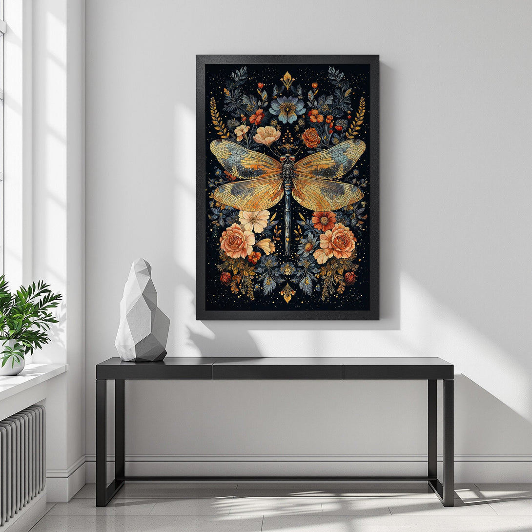 Framed Poster featuring a dragonfly with floral details, in a warm, earthy color palette on a black background. Perfect wall art!