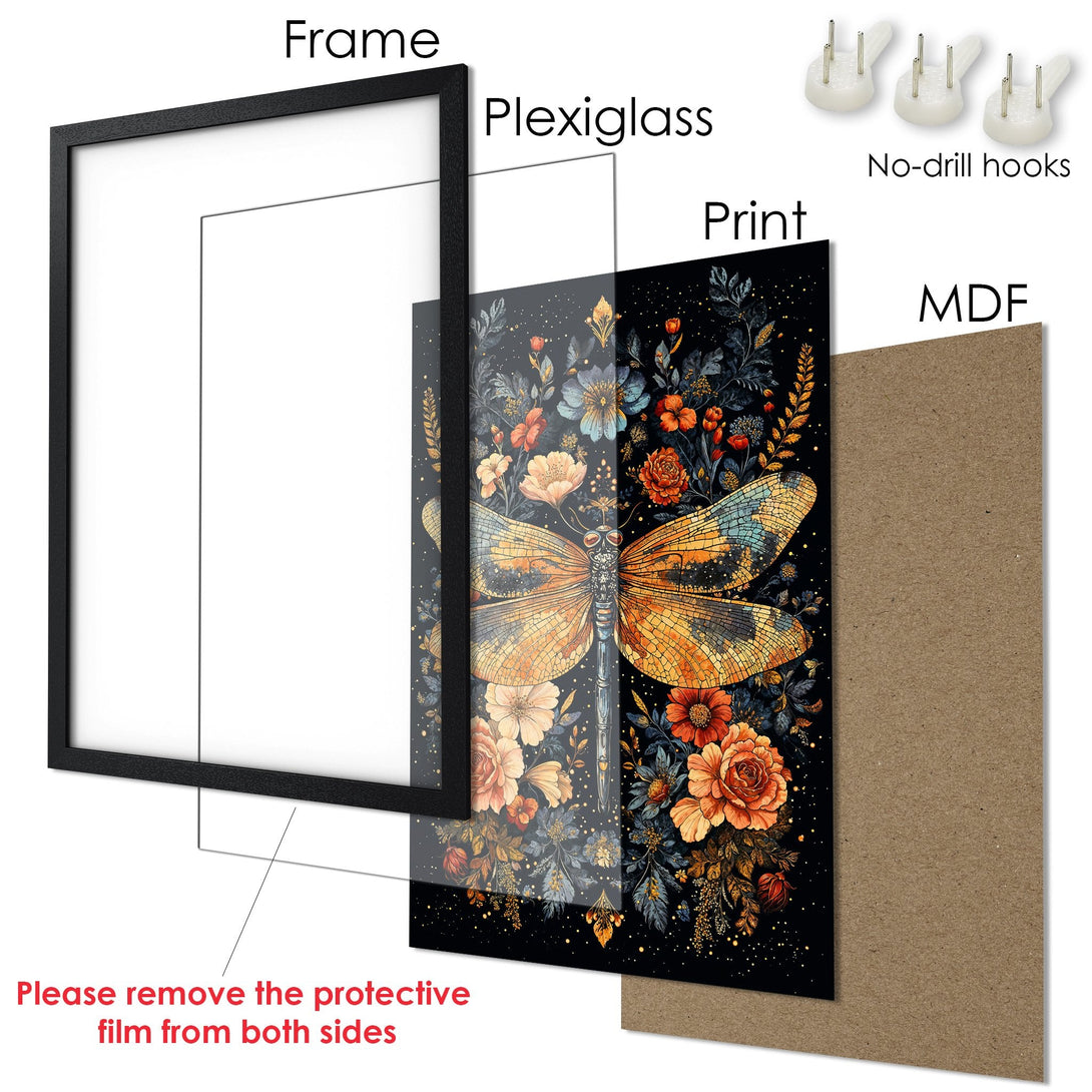 Framed Poster featuring a dragonfly and floral design. Dark, elegant style with a warm, earthy color palette. Perfect wall art!