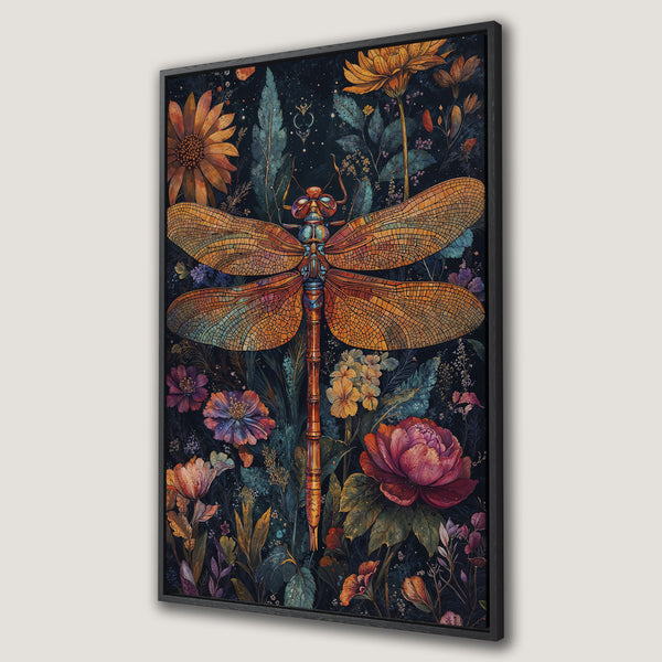Framed Wall Art featuring a vibrant dragonfly and floral design in a watercolor style with a rich, warm color palette of orange, teal, and deep blues.