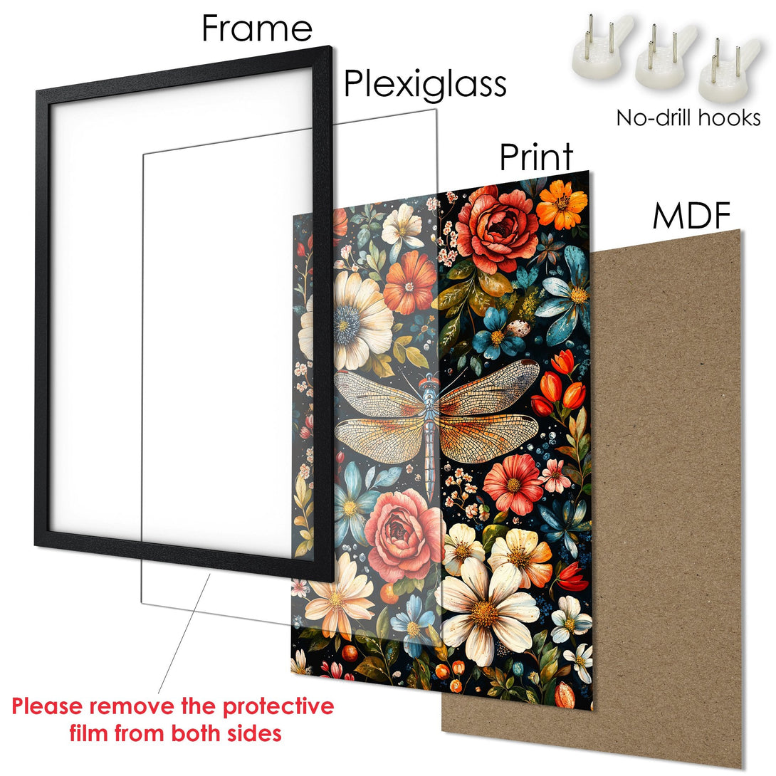 Framed Poster featuring a floral design with a dragonfly, vibrant colors, and a black frame. Perfect wall art!