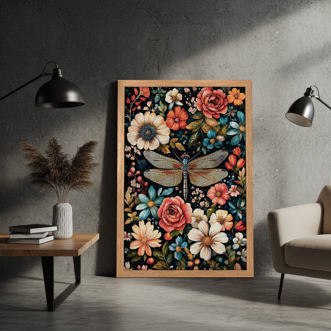 Framed Poster featuring a dragonfly and floral design in vibrant colors. Perfect wall art for any space.