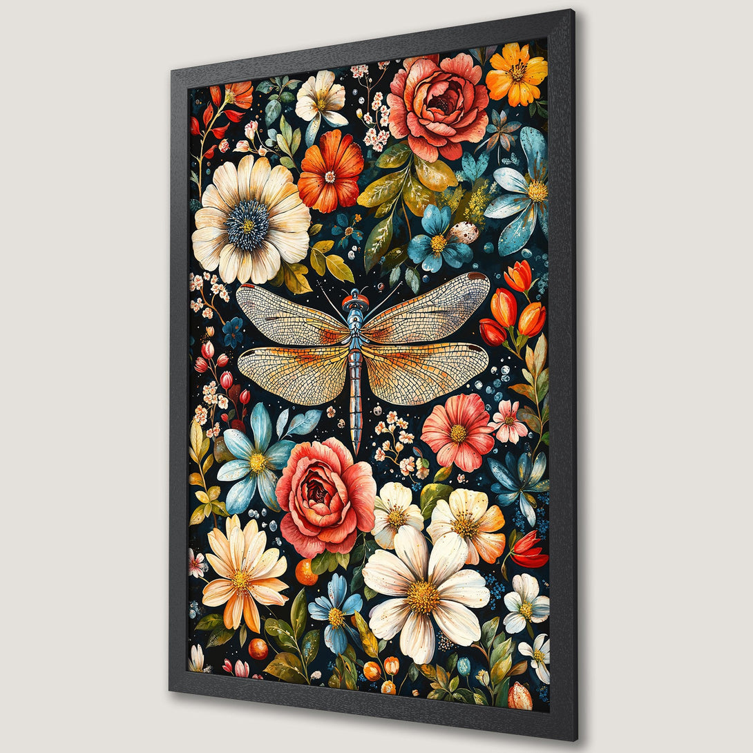 Framed Poster featuring a dragonfly and floral design in a vibrant, watercolor style with a dark, moody color palette.