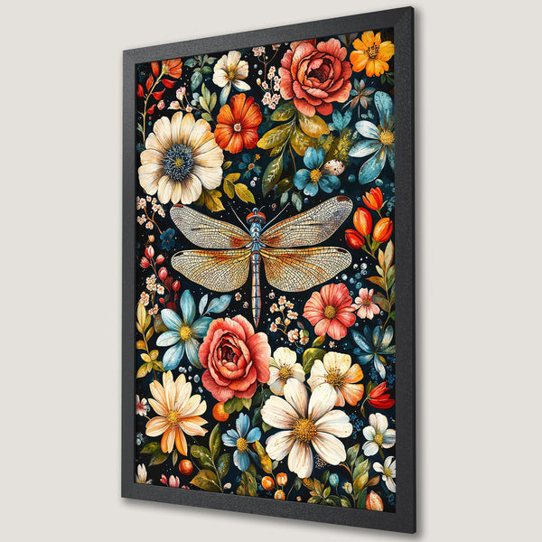 Framed Poster featuring a dragonfly and floral design in a vibrant, watercolor style with a dark, moody color palette.