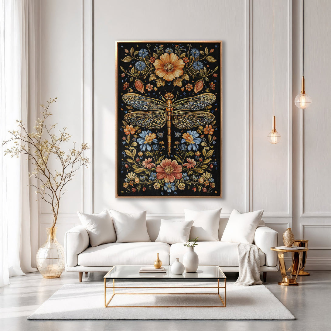 Framed Wall Art featuring a dragonfly and floral design in a black, orange, and blue color palette, displayed in a modern living room.