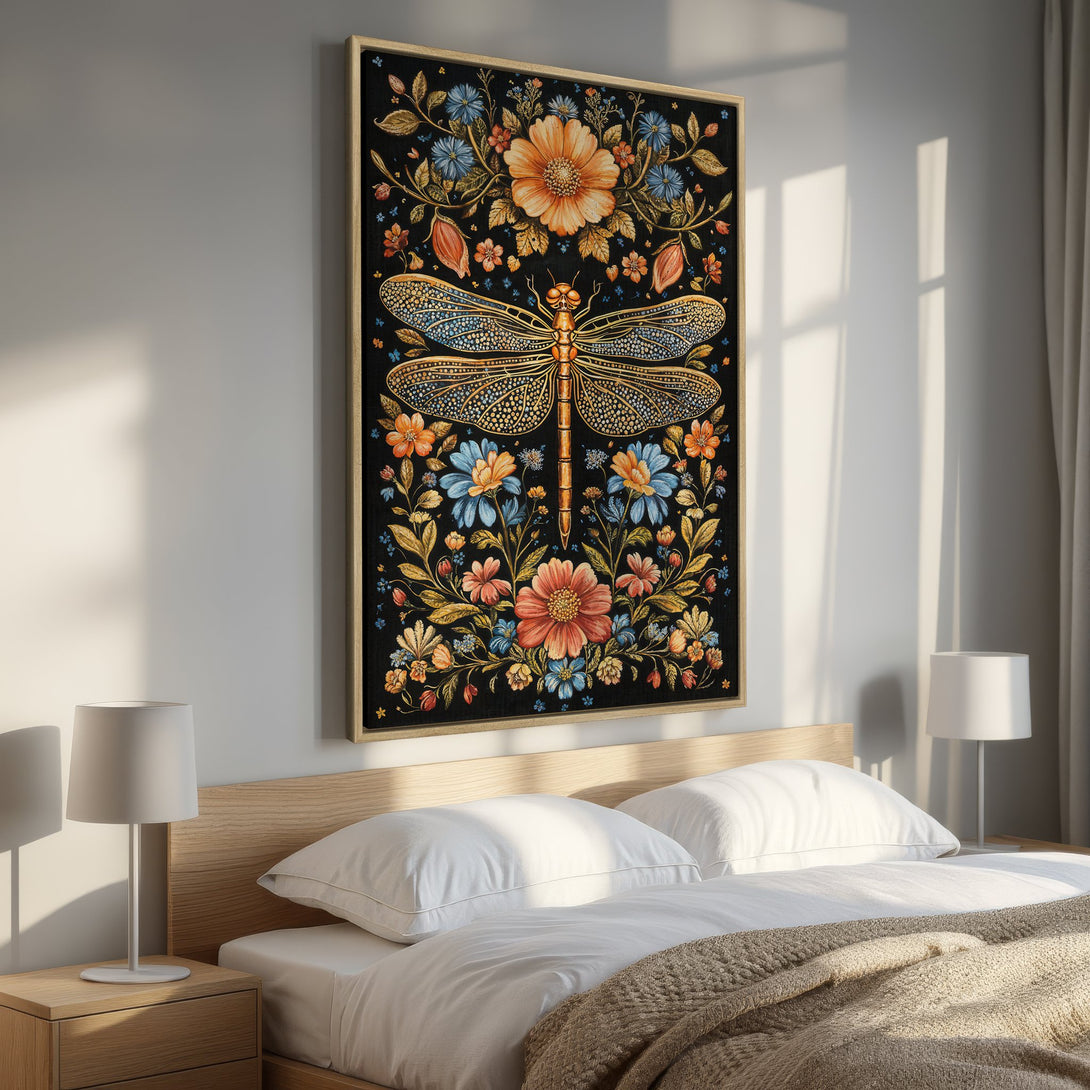 Framed Wall Art: Dragonfly Canvas Print with floral design in warm orange, blue, and gold tones. Perfect bedroom decor!