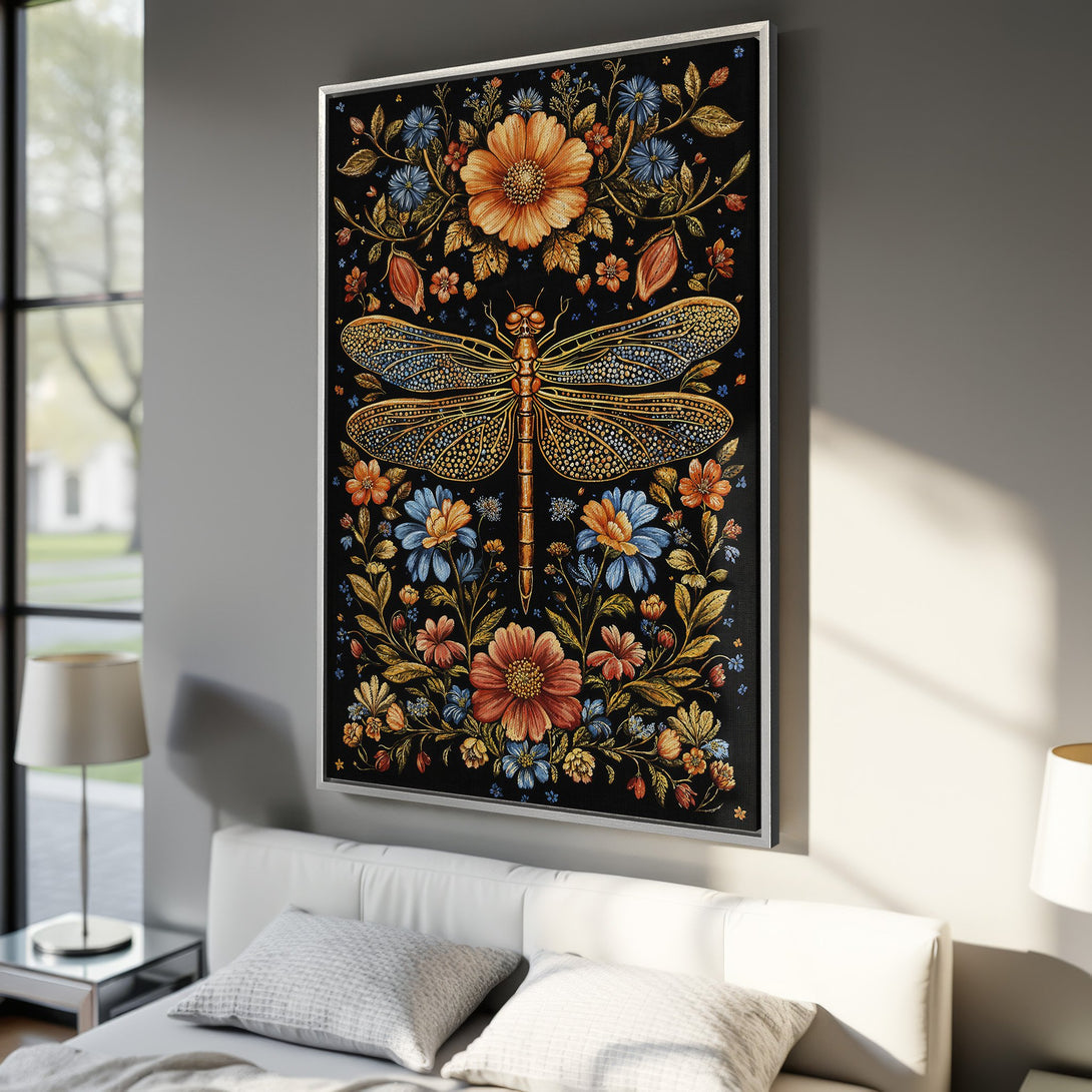 Framed Wall Art featuring a dragonfly and floral design in a vibrant, warm color palette. Perfect for adding a touch of nature-inspired art to your home.