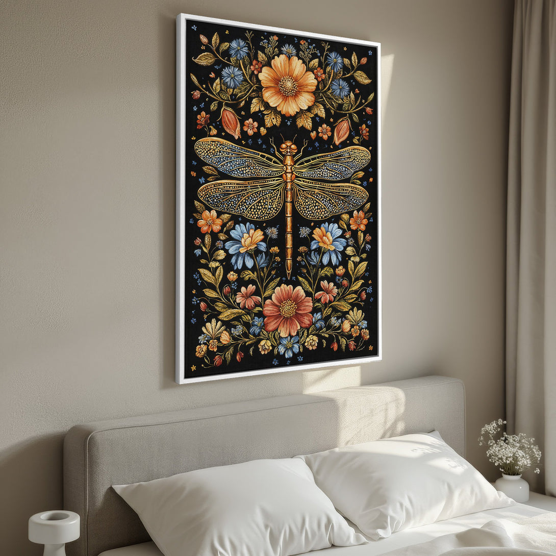 Framed Wall Art: Dragonfly floral print in a bedroom. Features a black background with orange, blue, and gold flowers. Perfect for adding a touch of nature to your decor.
