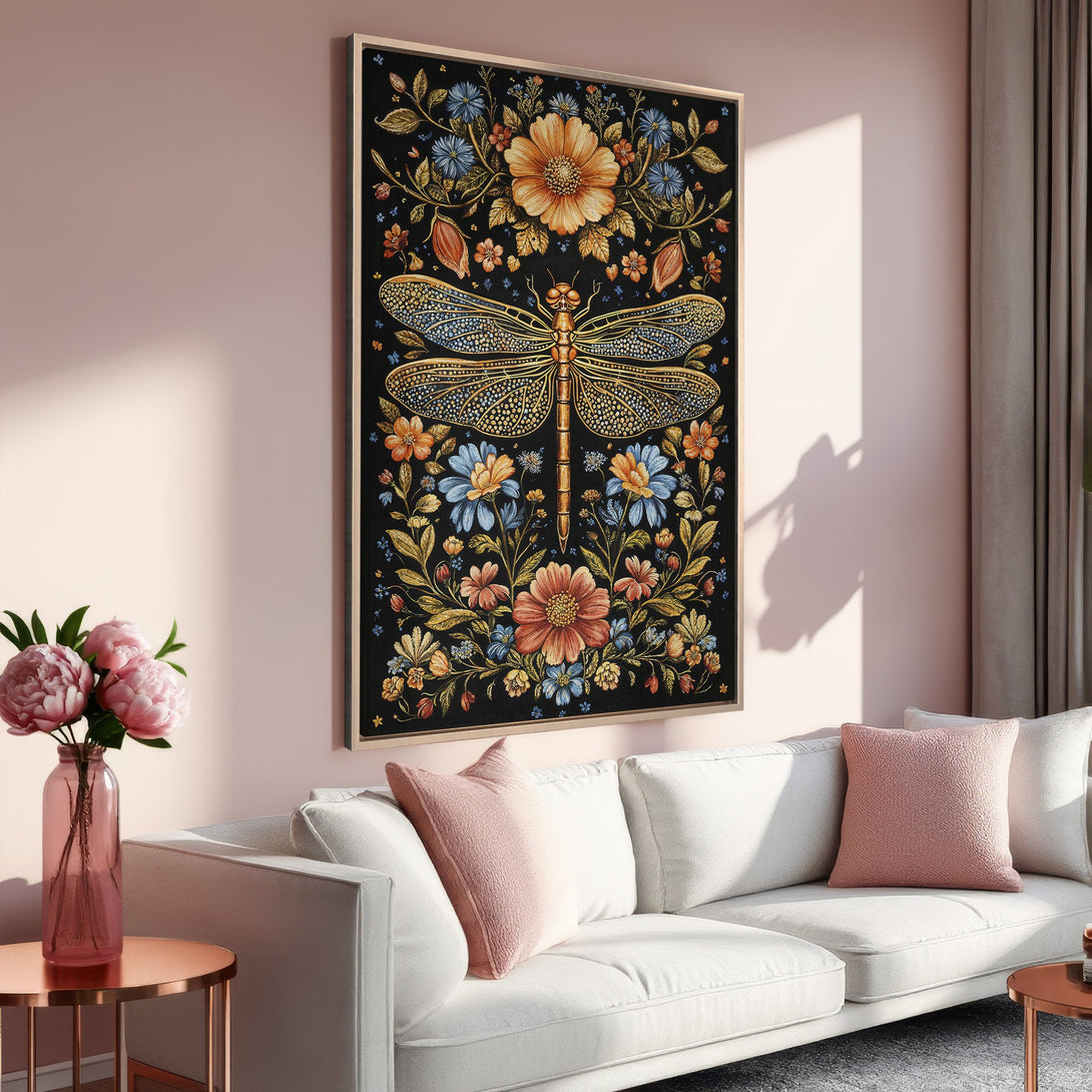 Framed Wall Art: Dragonfly design with floral elements. Decorative canvas print in a warm, inviting interior. Featuring a black background with orange, blue, and gold hues.