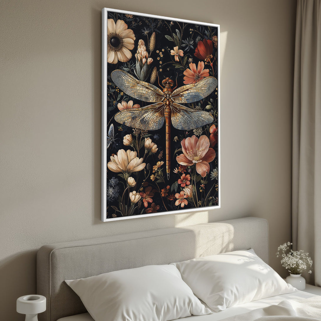 Framed Wall Art featuring a dragonfly and floral design in a dark, moody style with warm, earthy tones. Perfect bedroom decor!