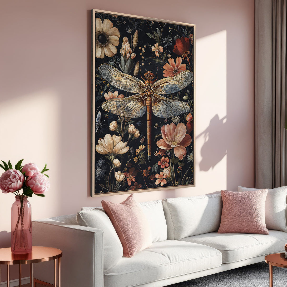Framed Wall Art featuring a dragonfly and floral design in a dark, moody style with a warm, earthy color palette, perfect for home decor.