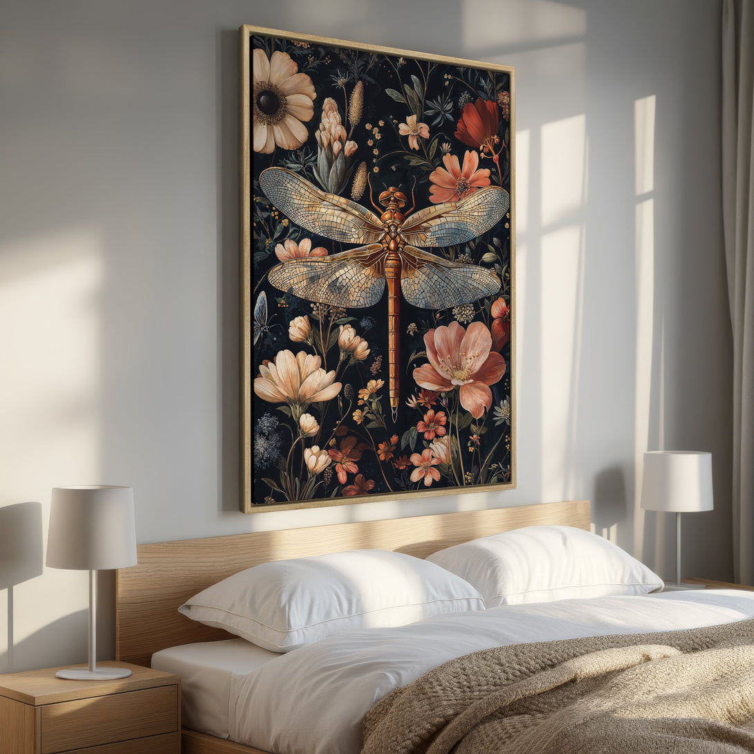 Framed Wall Art: Dragonfly & floral art print in a bedroom. Features a dark, moody palette with warm orange, beige, and green tones. Perfect for a stylish home!