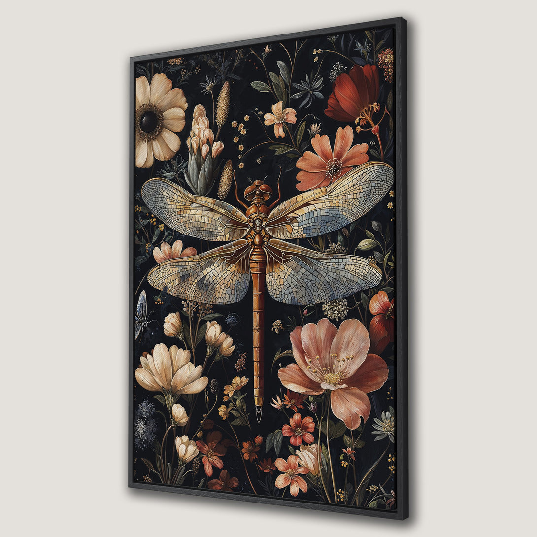Framed Wall Art featuring a dragonfly and floral design in a vintage style with a warm, earthy color palette. Perfect for adding a touch of nature to your home.