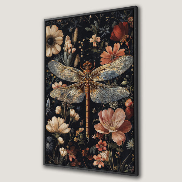 Framed Wall Art featuring a dragonfly and floral design in a vintage style with a warm, earthy color palette. Perfect for adding a touch of nature to your home.
