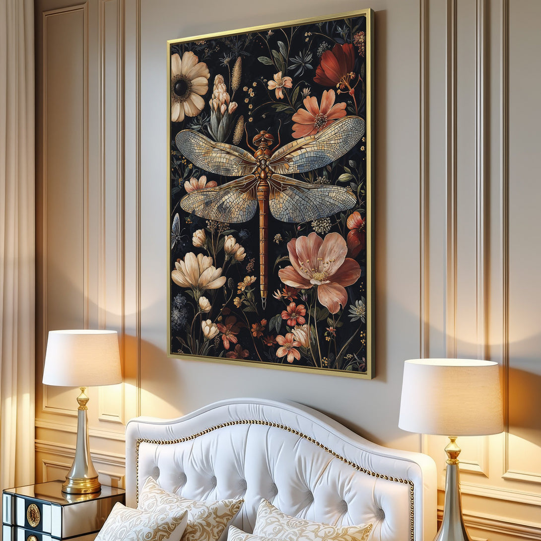 Canvas Print featuring a detailed dragonfly and floral design in a dark, moody color palette. Perfect for adding a touch of nature-inspired elegance.