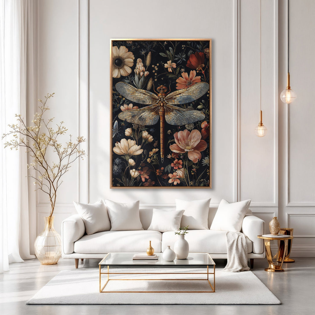 Framed Wall Art featuring a dragonfly and floral design in a dark color palette. Adds elegance to any space. Perfect for modern decor.