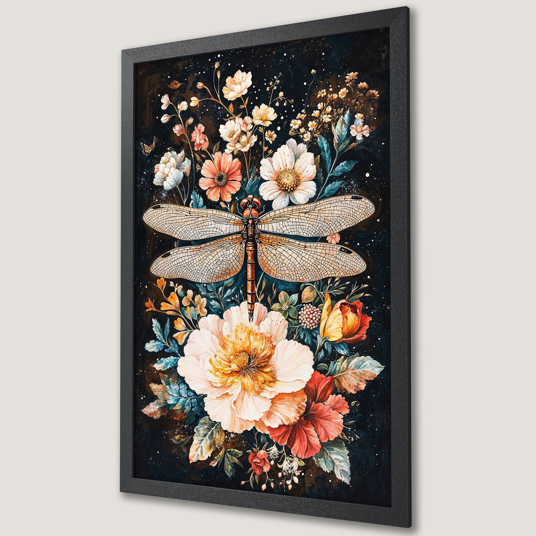 Framed Poster featuring a watercolor dragonfly and floral design. Earthy tones with a dark, moody background. Perfect wall art for any space.