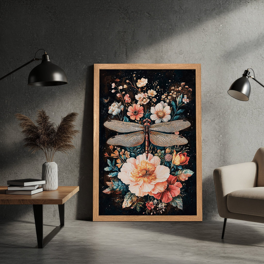 Framed Poster featuring a dragonfly and floral design. Watercolor style, with a warm, earthy color palette. Perfect wall art!