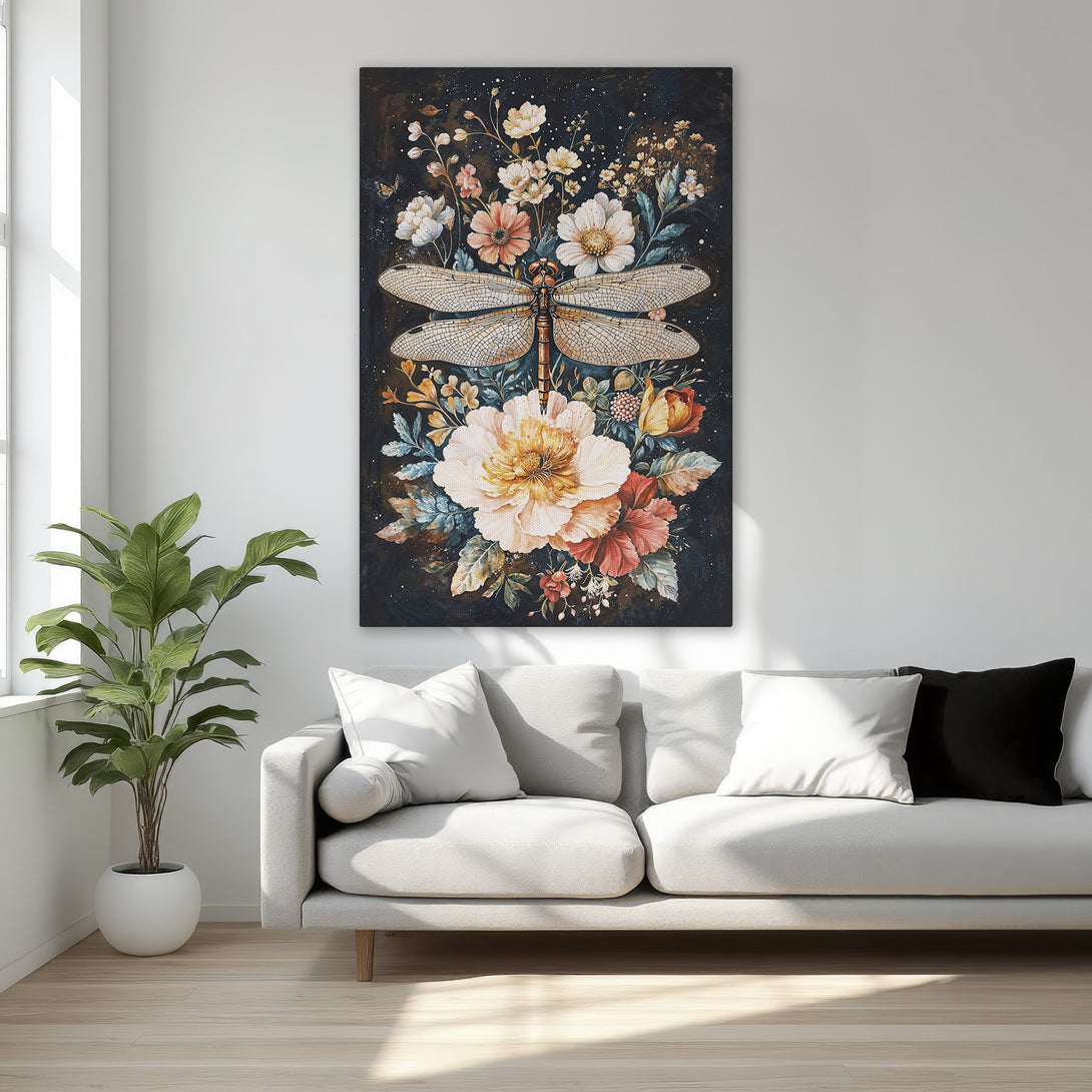 Framed Wall Art of a dragonfly and floral design with a dark background. Warm, earthy tones in a classic style. Perfect for bedroom decor.