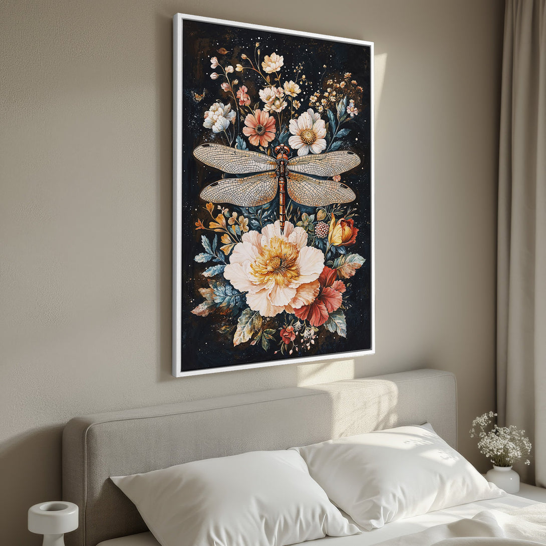 Framed Wall Art featuring a dragonfly and floral design in a watercolor style. Warm, earthy color palette with pops of coral and cream. Perfect bedroom decor!