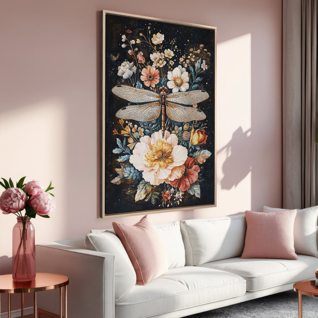 Framed Wall Art featuring a dragonfly and floral design in a watercolor style. Warm, inviting color palette with pinks, oranges, and a dark background. Perfect home decor!