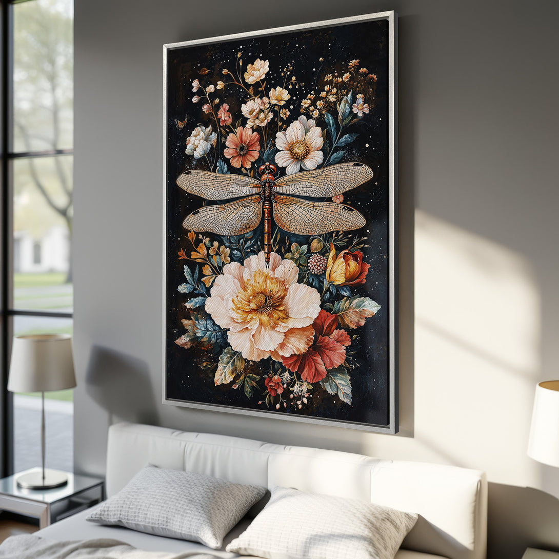 Framed Wall Art featuring a dragonfly and floral design in a vintage watercolor style. Warm, earthy color palette with pops of red and cream. Perfect bedroom decor!