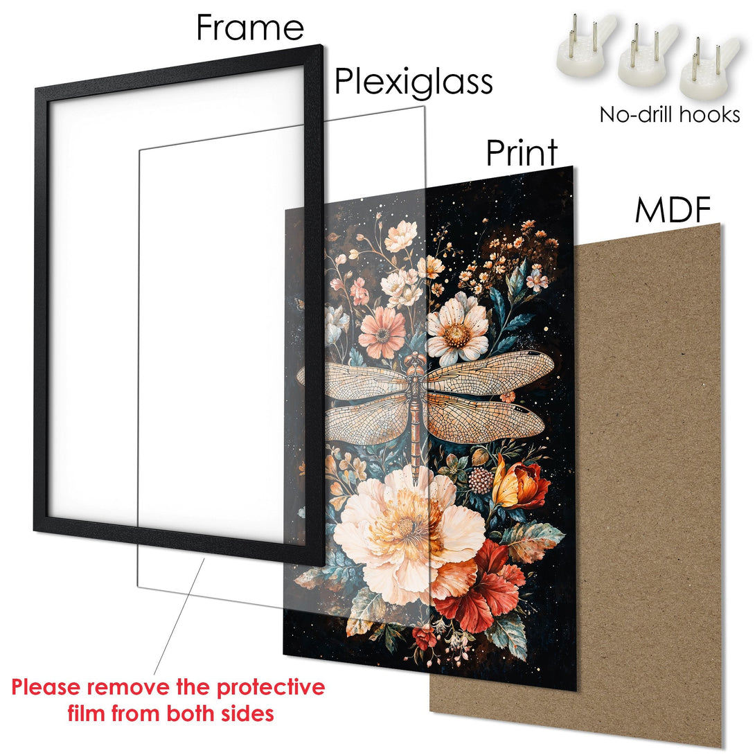 Framed Poster featuring a dragonfly and floral design in a dark, moody style with a warm color palette. Perfect wall art!