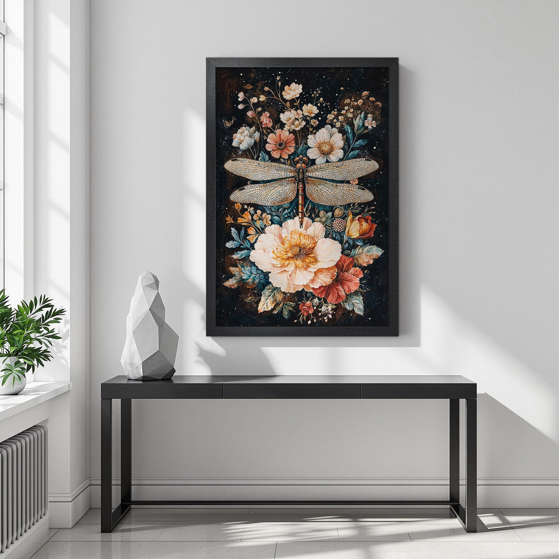 Framed Poster featuring a dragonfly and floral design in a vintage watercolor style. Earthy tones of peach, cream, and teal on a dark background.