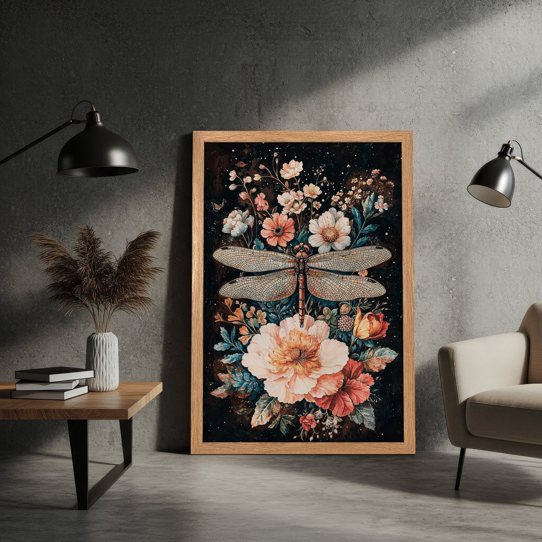Framed Poster featuring a dragonfly and floral art in a watercolor style. Earthy tones with a dark background. Perfect wall decor.