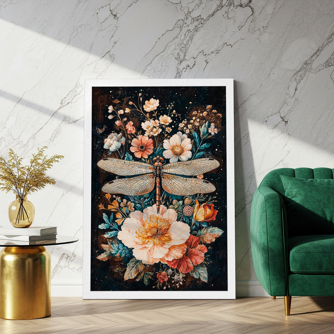 Framed Poster featuring a dragonfly and floral art, with a dark, moody color palette. Perfect wall decor for any room.