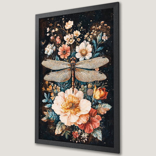 Framed Poster featuring a dragonfly and floral watercolor art in a dark, moody color palette. Perfect wall decor!